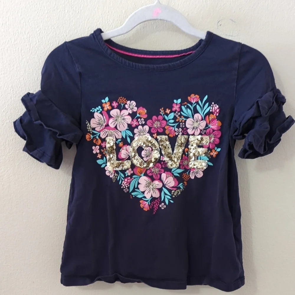 Isaac Mizrahi Love T-shirt Navy Blue Ruffle Sleeve Floral Heart Girls Size S 5-6